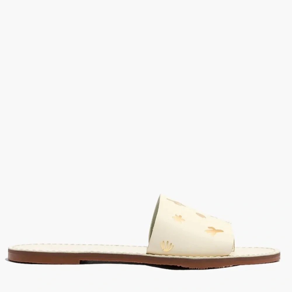 Madewell The Boardwalk Post Slide Sandal: Cactus Embossed Edition Gold Details
